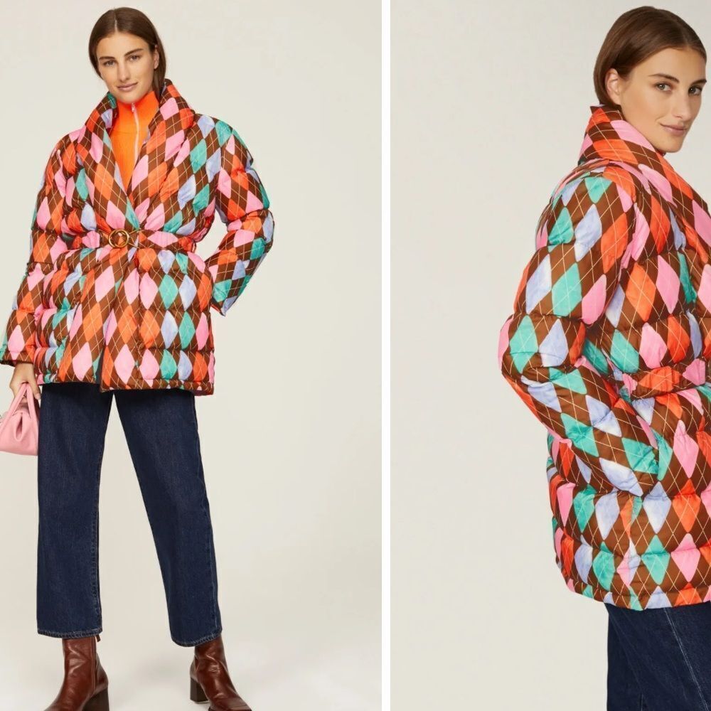 RACHEL ANTONOFF | Toni Belted Puffer Coat in Painted Argyle Women’s Size Large